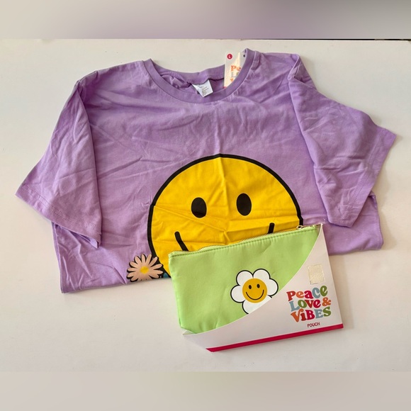 2pc Happy Flower Power Peace Love & Vibes Ladies T-Shirt& pouch Sz:L lilac/green - Picture 1 of 5